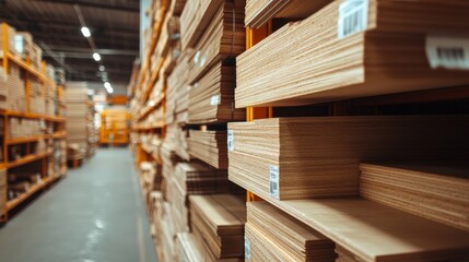 Obraz premium Plywood sheets neatly stacked on a rack in a hardware store. 