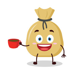 cute cheerful expression of money bag cartoon character carry cup of coffee