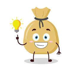 cute creative expression of money bag cartoon character with shiny lamp