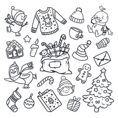set of christmas elements in doodle style. Illustration for design of wrapping paper, cards, invitations.