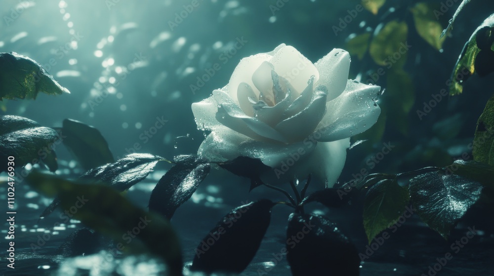 Poster ethereal white rose surrounded by dew in enchanted forest setting