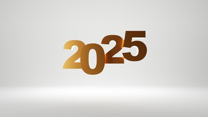 Stylish and elegant 3D rendering of the year 2025 in golden typography, isolated on a minimalistic light background. Perfect for New Year’s celebrations, holiday designs, and future-themed projects.
