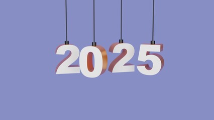 Creative 3D rendering of the year 2025 with metallic and orange tones suspended on strings on blue background