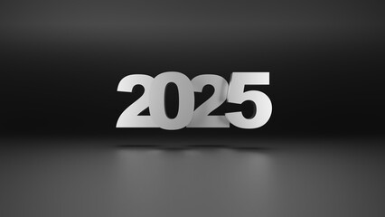 Luxurious 3D rendering of the new year 2025 in shining silver tones hanging elegantly