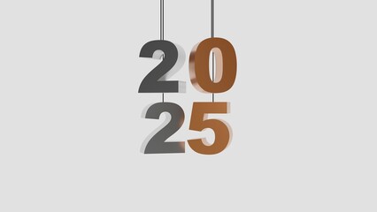 Creative 3D rendering of the year 2025 with metallic and orange tones, suspended on strings. Ideal for festive, futuristic, and innovative designs for calendars, greeting cards, or banners.