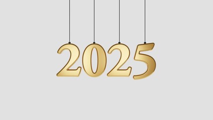 Luxurious 3D rendering of the year 2025 in shining golden tones, hanging elegantly. Perfect for New Year’s celebration designs, invitations, and holiday-themed promotional materials
