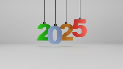 Creative 3D rendering of the year 2025 with metallic and colorful tones suspended on strings