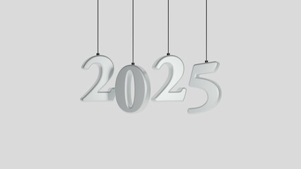 Luxurious 3D rendering of the year 2025 in shining silver tones, hanging elegantly. Perfect for New Year’s celebration designs, invitations, and holiday-themed promotional materials