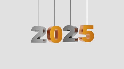Creative 3D rendering of the year 2025 with metallic and orange tones, suspended on strings. Ideal for festive, futuristic, and innovative designs for calendars, greeting cards, or banners.