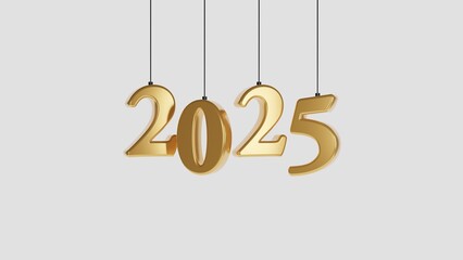 Luxurious 3D rendering of the year 2025 in shining golden tones, hanging elegantly. Perfect for New Year’s celebration designs, invitations, and holiday-themed promotional materials