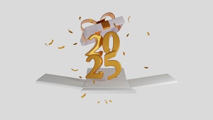 Elegant 3D design of the year 2025 with golden numbers emerging from a white gift box, adorned with matching golden ribbons and confetti. Perfect for New Year celebrations, promotions, and festive the