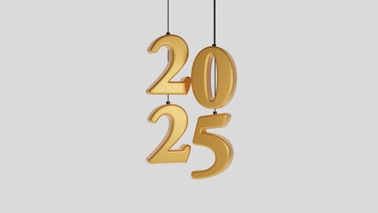 Luxurious 3D rendering of the year 2025 in shining golden tones, hanging elegantly. Perfect for New Year’s celebration designs, invitations, and holiday-themed promotional materials