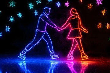 A captivating 3D illustration of a couple holding hands while ice skating in a magical winter scene with shimmering stars on a black background.