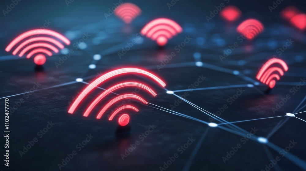 Poster abstract digital connection symbol with red signal waves and nodes