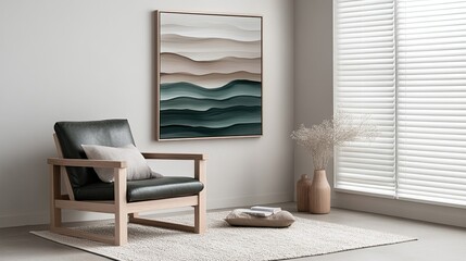 Empty room features modern abstract painting with gray and dark green tones, complemented by a brown leather armchair and coffee table