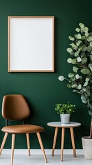 Empty room features modern abstract painting with gray and dark green tones, complemented by a brown leather armchair and coffee table