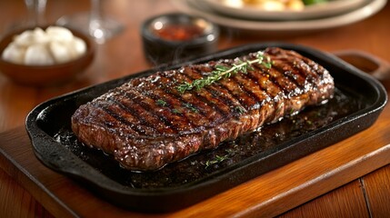 Succulent Grilled Steak on Sizzling Plate with Fresh Herbs Garnish