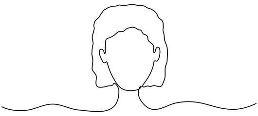 Continuous line drawing woman head. Female face linear empty frame. Vector illustration isolated on white.