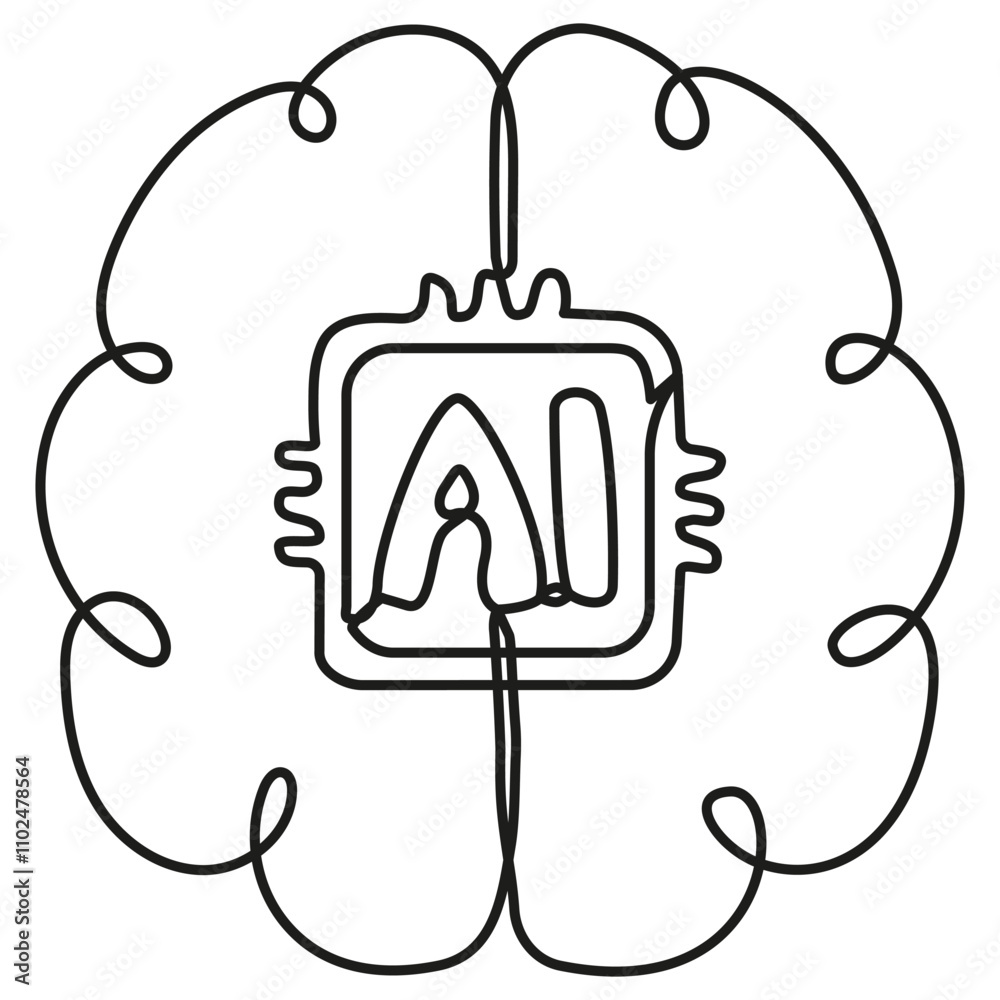 Poster continuous line drawing robot brain artificial intelligence technology. vector illustration isolated