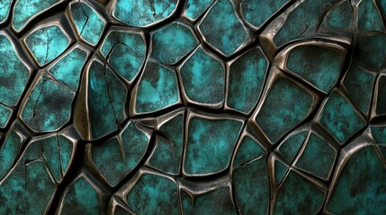 A rugged industrial design featuring cracked textures in rich bronze and teal hues. The metallic highlights and intricate patterns create a bold, edgy aesthetic perfect for modern backdrops.