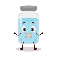cute shut up expression of medicine vial bottle cartoon character mouth closed with plaster