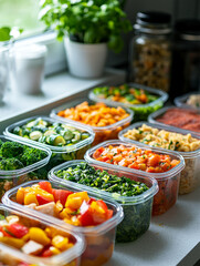 Assorted vegetables in containers for meal prep.