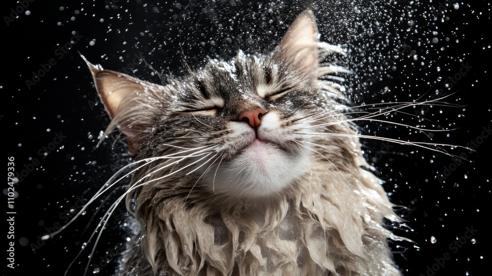 Poster majestic cat enjoying a refreshing splash in dramatic lighting
