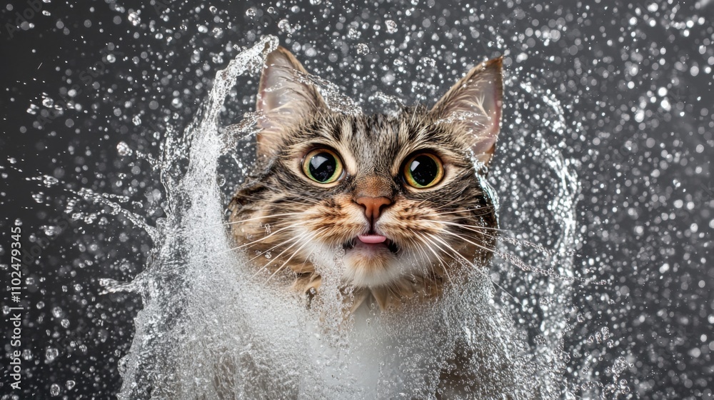 Poster cat splashing in water with playful expression and vibrant energy