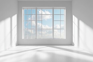 Stylish empty room in white color with summer landscape in window. Scandinavian interior design.