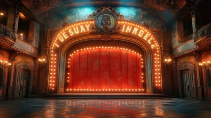Obraz premium A vintage theater stage with a red curtain and bright marquee lights, evoking nostalgia.