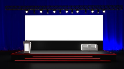 Meeting event scene, party scene design. Empty stage design for mockup and corporate identity, display. Platform elements in hall. Conference Stage Designs.	
