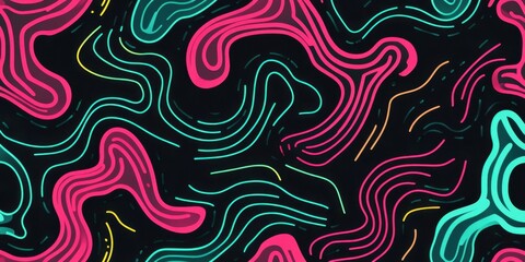 flat design pattern with colorful neon pink and teal lines on a black background Generative AI