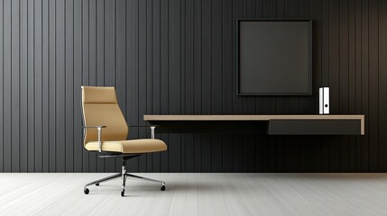 Contemporary workspace showcases dark oak wood paneling, clean lines, natural light, and a neutral color palette for an inviting feel