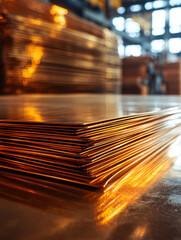 Stack of shiny copper sheets in a warehouse