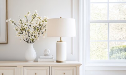Stylish decorative sideboard featuring a cream and white lamp beside a floral arrangement and sunlight streaming through a window
