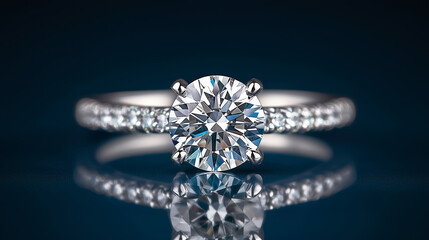 Stunning diamond engagement ring with pavé band reflected on glossy dark blue surface. Elegance and luxury concept. Perfect for jewelry, wedding and Valentine’s Day advertising