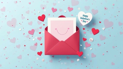 Valentine's day card with smiley face in red envelope surrounded by hearts