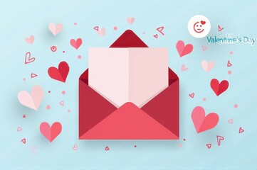 Valentine's day card with hearts and open red envelope on blue background