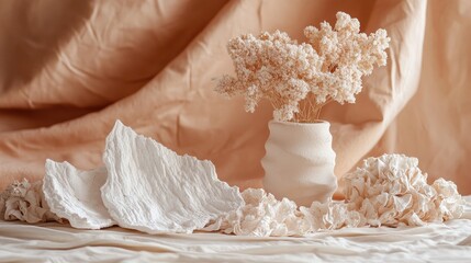 Still life of white coral and textured vase on beige fabric.