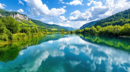 Serene river reflecting a vibrant sky and lush greenery in a tranquil landscape, AI
