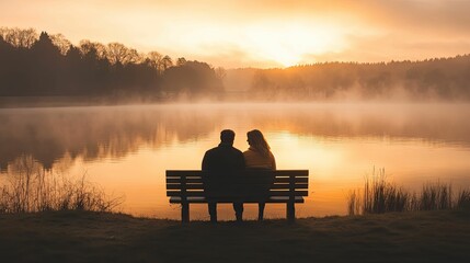 Silhouetted couple sits, sunset lake view.