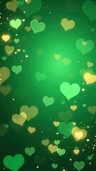 Bright green hearts sparkle on a green background, creating a magical glow. Screensaver