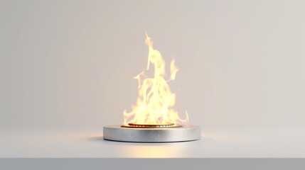 A sleek, minimalistic silver metal tabletop fire burns brightly against a soft, neutral background. Perfect for indoor or outdoor decor, this AI-generated image emphasizes elegance and warmth. AI
