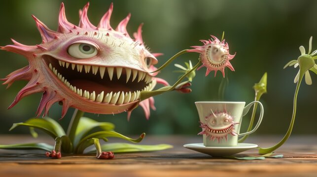 A 3D animated flower character with sharp teeth and a playful expression, holding a teacup in a whimsical, surreal environment. Perfect for fantasy or humorous content. AI generated.