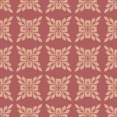 Vintage floral ornament. Simple elegant seamless pattern with abstract flower silhouettes, foliage, repeat tiles. Vector background in oriental style. Muted red and orange color texture. Geo design