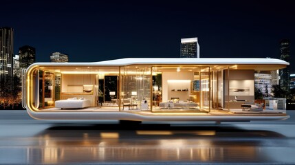 Digital blueprint of a sleek modular home at a construction site showcasing eco-conscious design in an urban setting