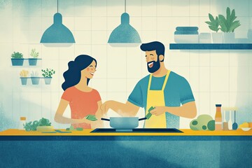 Obraz premium Happy couple cooks together in modern kitchen.
