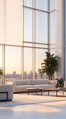 A large, open living room with a view of the city