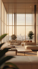 A large living room with a view of the city