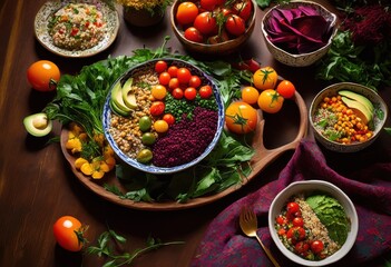 brightly arranged vibrant plant based meal displayed colorful surface highlighting fresh ingredients eye catching presentation, dish, arrangement, vegetables